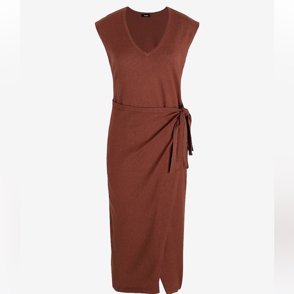 V-Neck Cap Sleeve Tie Waist Midi Sweater Dress - Picture 5 of 6